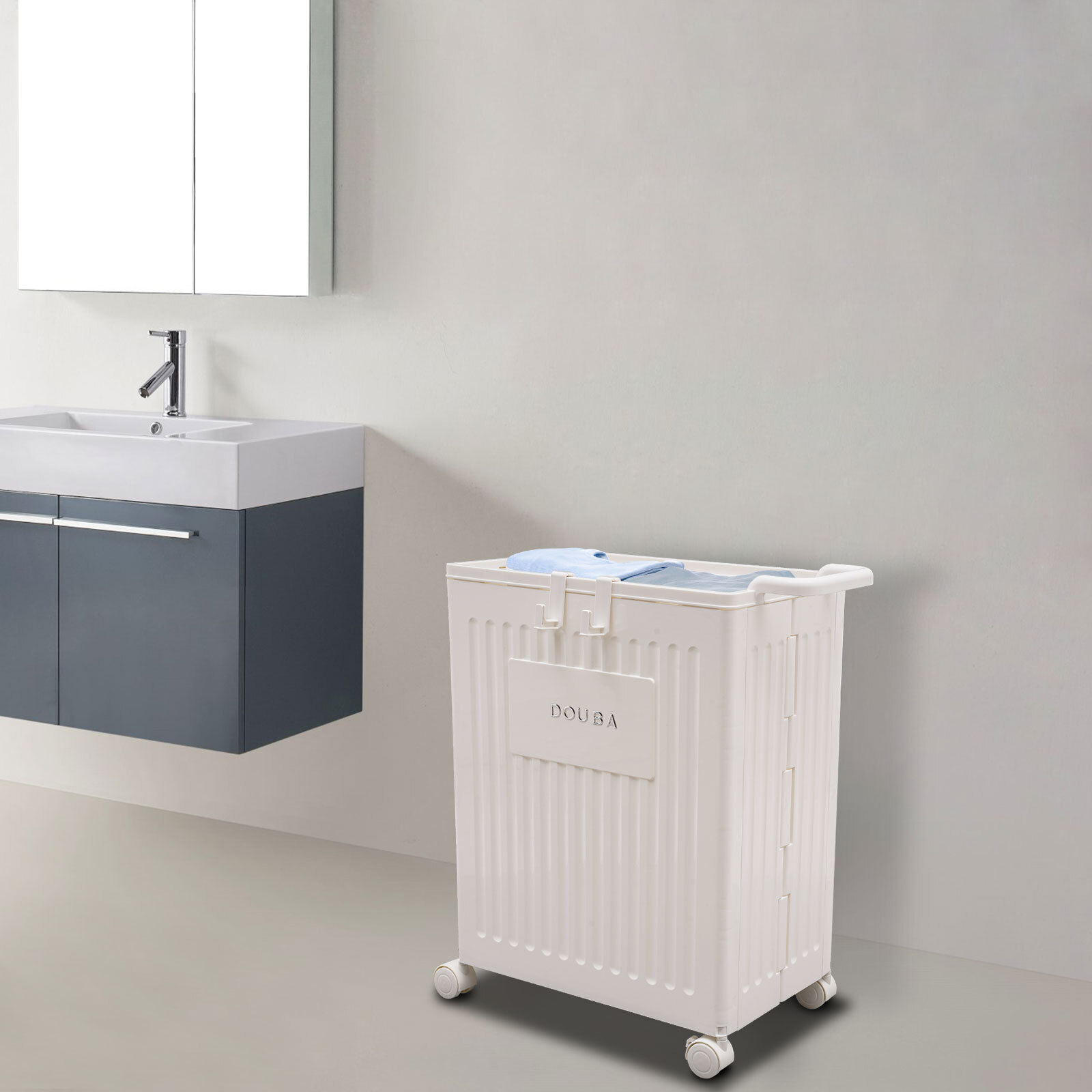 White Collapsible Storage Box with Lid and Wheels for Easy Organizing