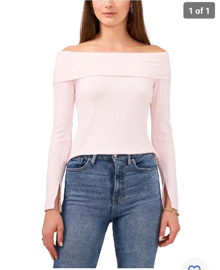 1.State Womens Long Sleeve Cross Shoulder Top, Pink, Size XS