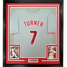 Framed Autographed/Signed Trea Turner 33x42 Philadelphia Grey Jersey BAS COA