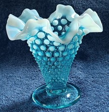 Vtg Fenton Opalescent Blue Glass Hobnail Ruffled Vase Trumpet Cone EUC Estate