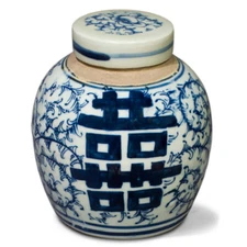US Seller - Blue and White Porcelain Double Happiness Chinese Jar