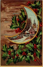 Postcard A Merry Christmas Moon Holly Church
