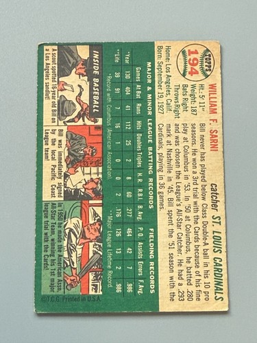 1954 Topps #194 Bill Sarni - Picture 2 of 2