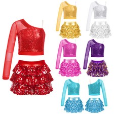 US Kids Girls Cheerleading Flared Pleated Crop Top With Skirt Sparkly Costume