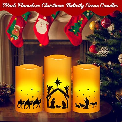 3Pack Nativity Scene Candles Flameless Christmas LED Candles，Flickering