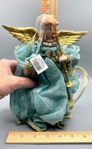 Kurt Adler Engel Weihnachtsschmuck blau gold mit Horn 10" x 7" atemberaubend süß - Bild 7 von 7