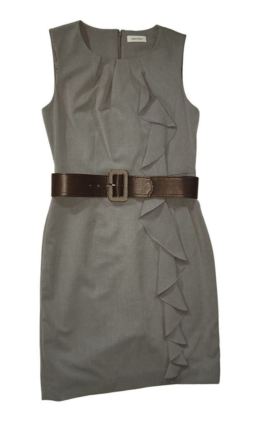 Calvin Klein Grey Sleeveless Sheath Dress With Brown Belt Size Medium (See Measu
