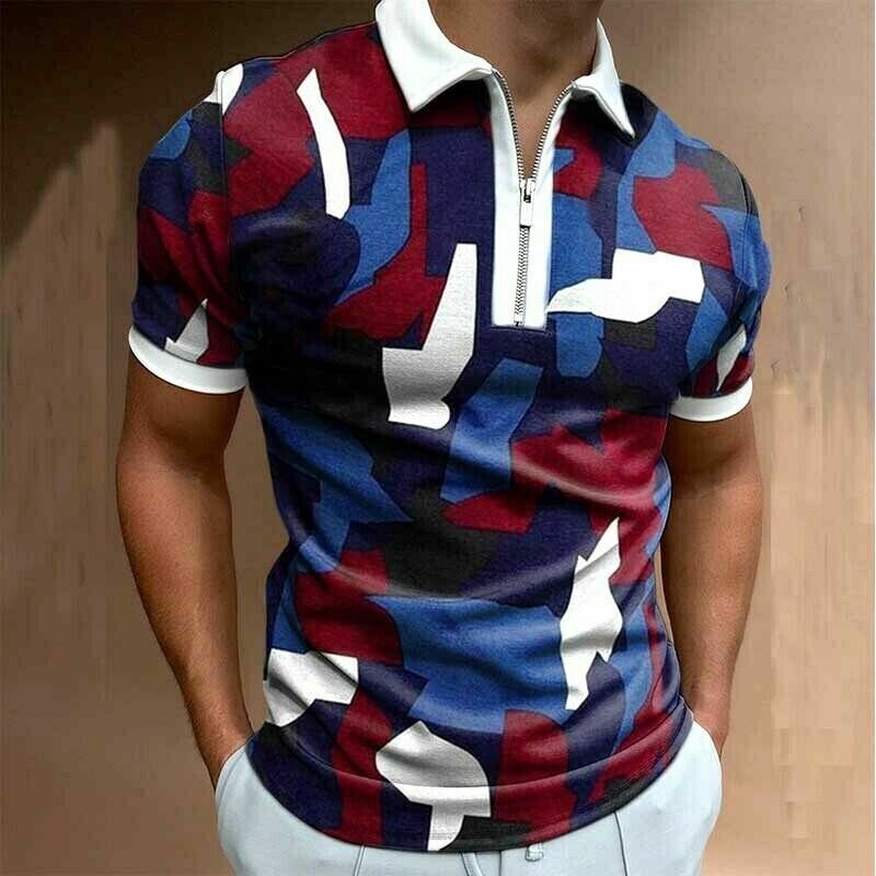 Polo Hombre Cremallera Cuello Rojo Blanco Azul Color Bloquear Resumen Golf Tee