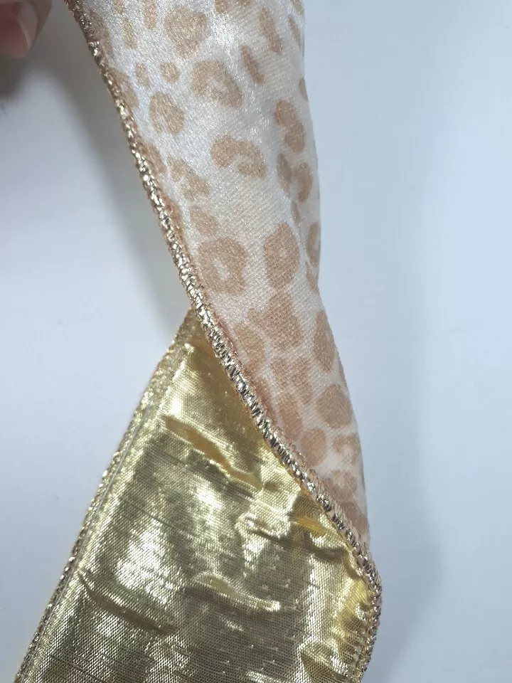 Metallic Ribbon Leopard Print Gold Toned Wired Spool Christmas Wide Vtg Taiwan - Image 4 of 4