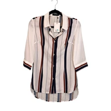 Few Moda Shirt Womens S White Multi Striped 3/4 Sleeves High Low Button Up NWT