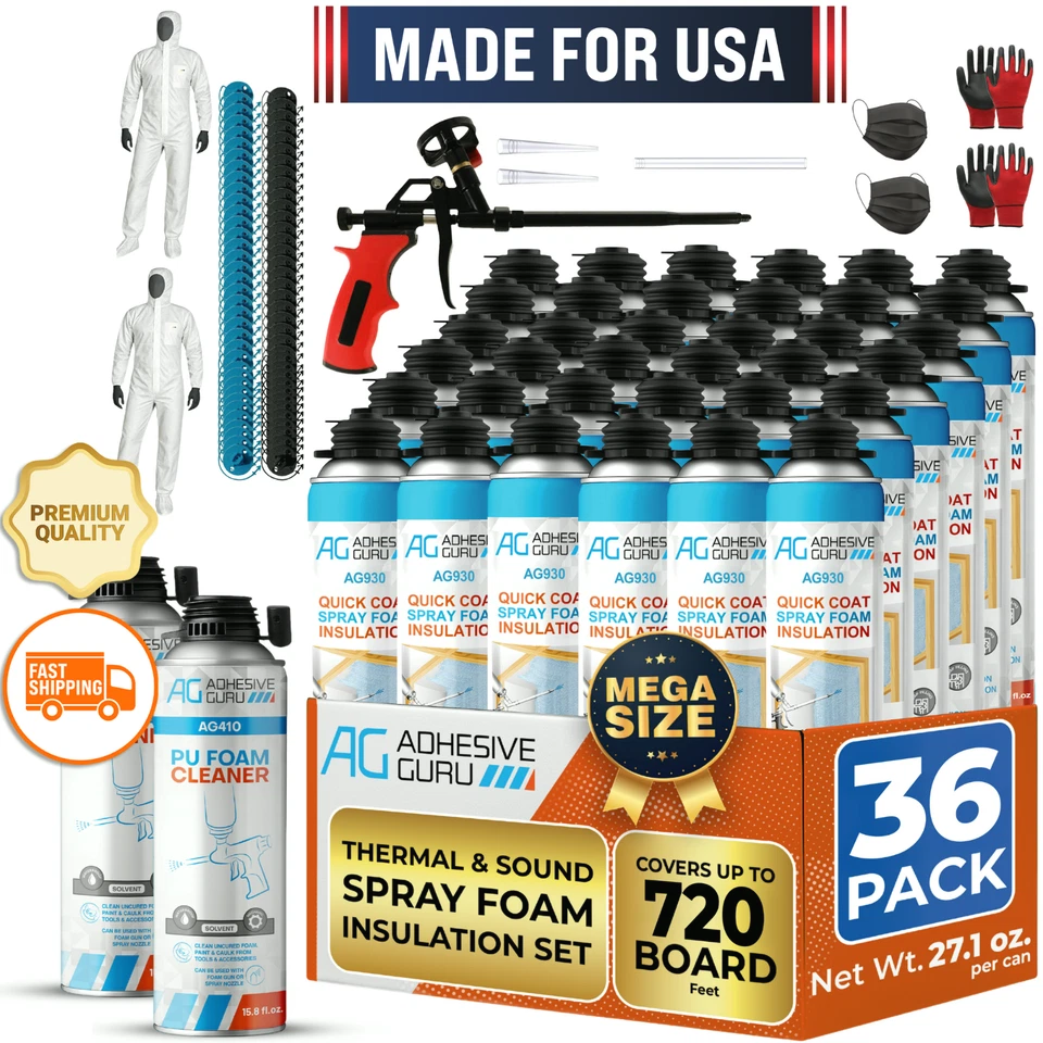 AG ADHESIVE GURU QuickCoat Closed Cell Spray Foam Insulation Kit for Wall–36x32.8oz Covers 720