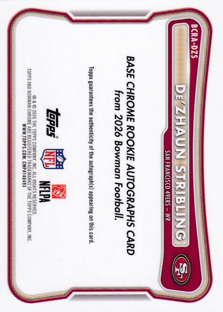 2026 Bowman DE'ZHAUN STRIBLING RC #BCRA-DZS TRUE GOLD JERSEY MATCH ...