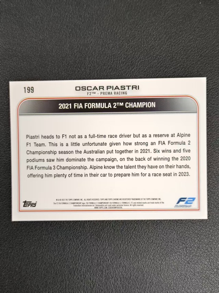 Carte à Collectionner Topps - Oscar Piastri #199 - Formule 1 2022 - Non Gradée