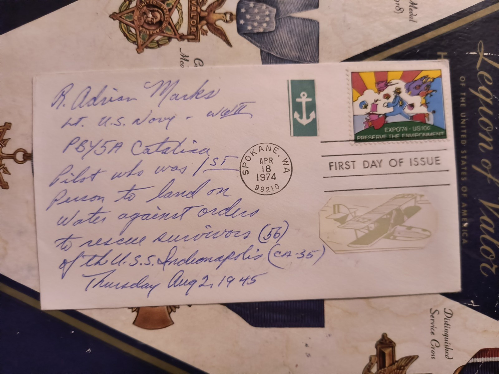 WWII Pilot Lt. R. ADRIAN MARKS Landed on Water Rescue INDY Survivors Signed FDC