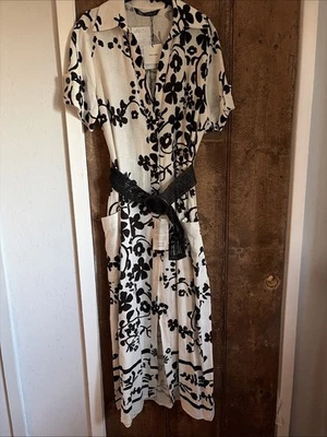 Zara Ivory with black floral print maxi linen mix dress - Image 1 of 4