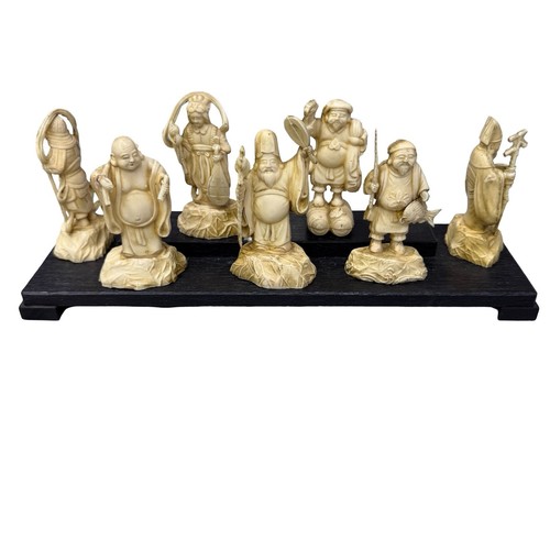 Set Of 7 Vintage Japanese Resin Seven Lucky Gods Figurines Wooden Display Stand