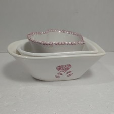 Set of 3 Vintage Heart Shape Nesting Bowls Pink Cream Stoneware Crock Dish