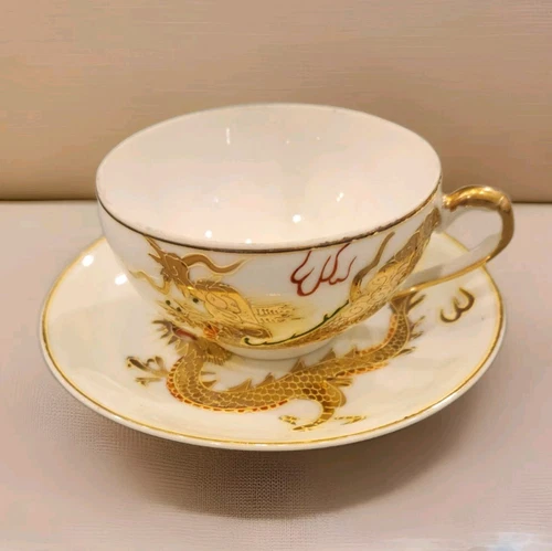 Rare Vintage Dragonware Geisha Lithopane Tea Cup & Saucer White Gold Accents 