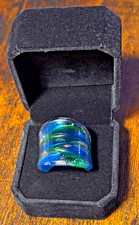 Vintage Murano Style Hand Blown Art Glass Ring Green, Blue, Foil Swirl Size 8.5