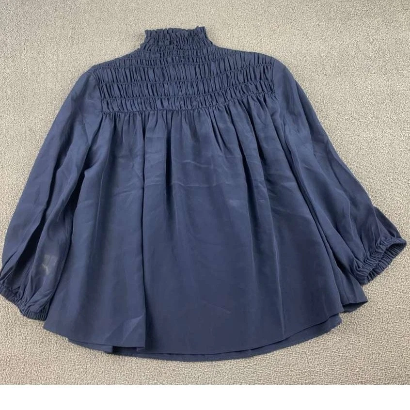 Blusa con montura para mujer XS azul cuello falso manga larga puños elásticos top Foto 2 de 4