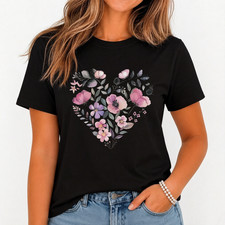 Women Vintage Floral Heart Graphic T-Shirt Casual Crew Neck Tee Top