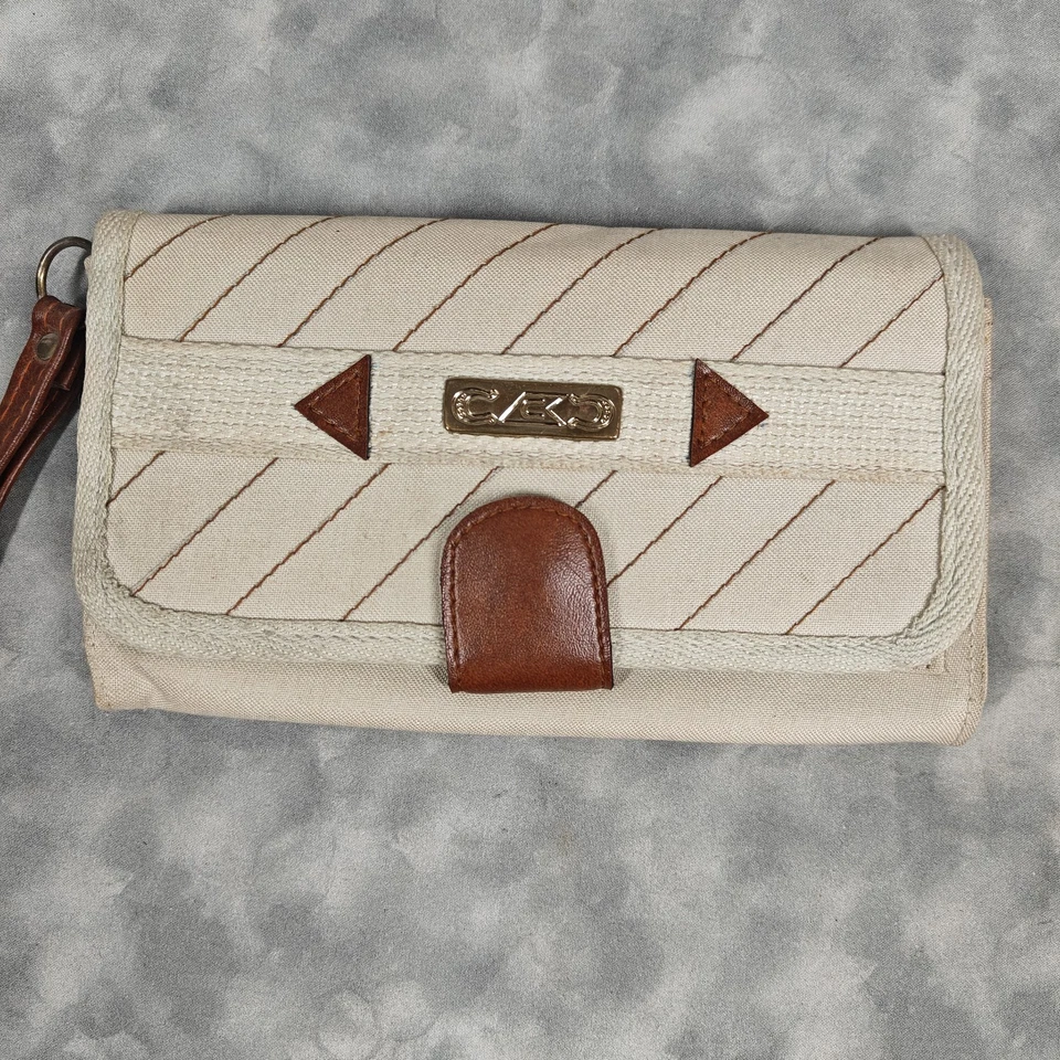 Cartera sin asas vintage beige lona marrón imitación cuero hecha en Taiwán Foto 2 de 4