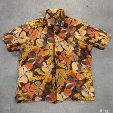 Vintage 50s 60s loop collar Hawaiian Floral Button shirt Cotton Sz large orange