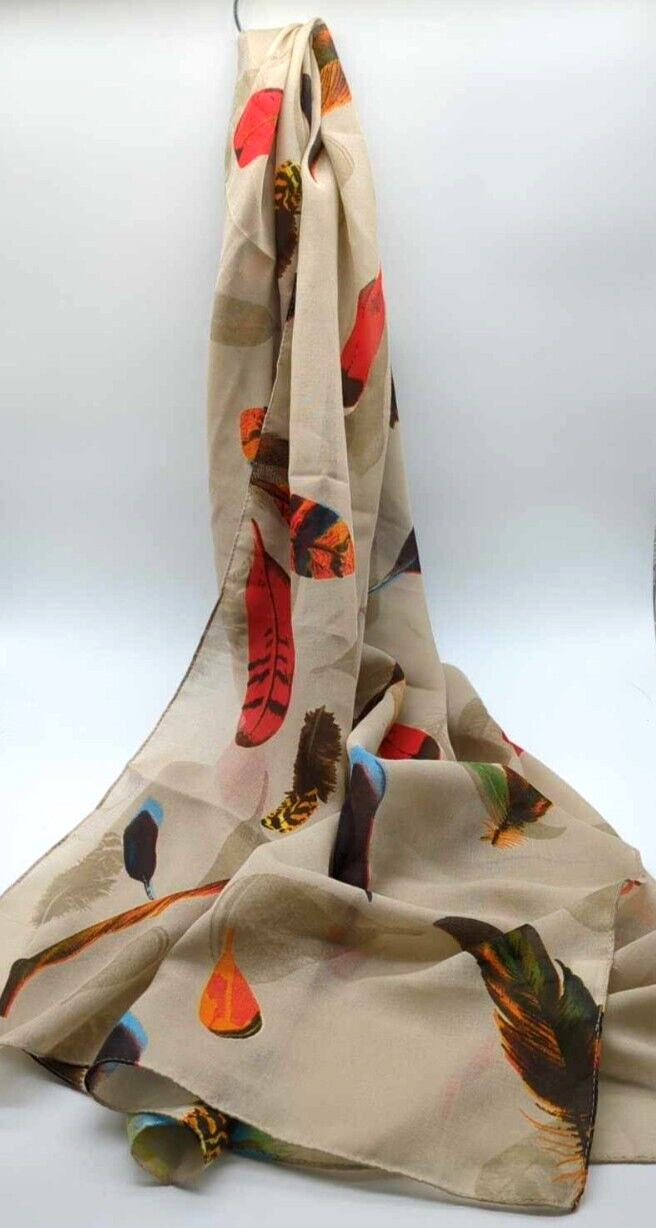 2 Chic Long Fall Colored Feather Pattern Beige Sc… - image 2