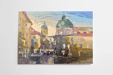 Oil painting Market area Ukrainian painter Canvas original Decor Cityscape Frame