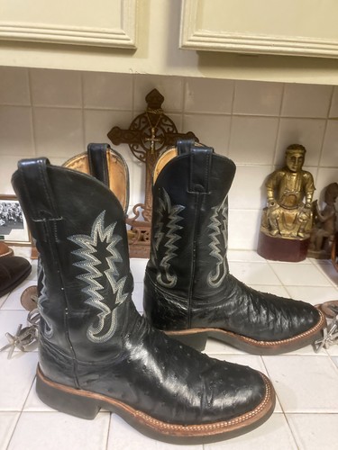 Justin BLACK Leather Western Cowboy Dancehall Rodeo OSTRICH QUILL Boots USA 8.5D - Picture 14 of 15
