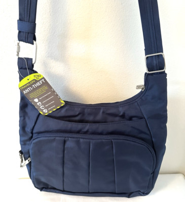 TRAVELON Blue Hobo Crossbody Bag Nylon Anti Theft RFID Light Locking New NWT