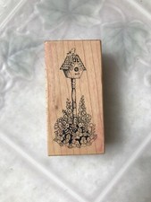 Birdhouse Hollyhock Flowers Rubber Stamp PSX E-116 USA Made 3" High