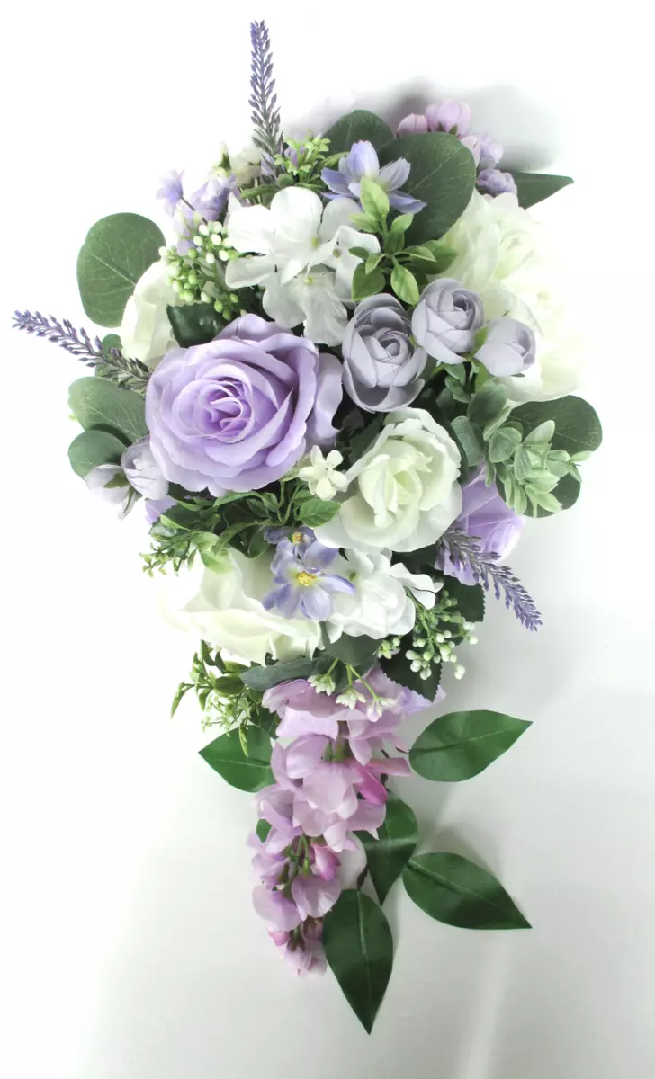 Wedding Bouquet Set 17 piece Bridal bouquet LAVENDER LILAC CREAM Cascade  Flowers