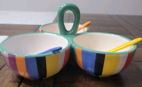 Bright Colorful Striped 3 Serving Bowls with Colored Spoons Multicolored Set - Picture 9 of 18