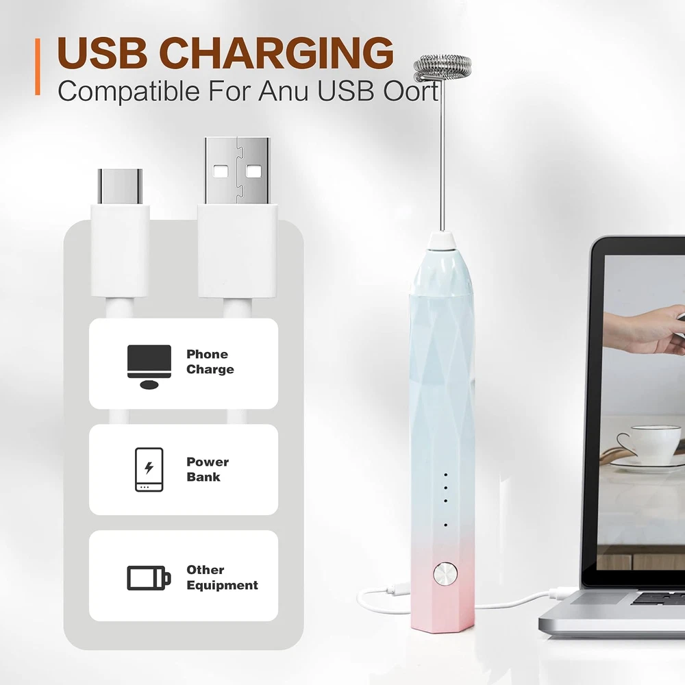 Milk Frother Rechargeable Handheld Electric Whisk Coffee Frother Mixer with 2 St