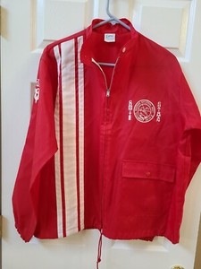 Vtg 80s Ebert Ford V8 Red Nylon Racing Cafe Jacket Mens L Classic Car Club Coat
