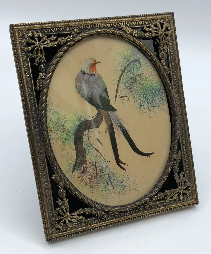 Antigua cinta y arco victoriano alemán enmarcado pluma de pájaro arte popular artesanía en plumas Foto 2 de 4