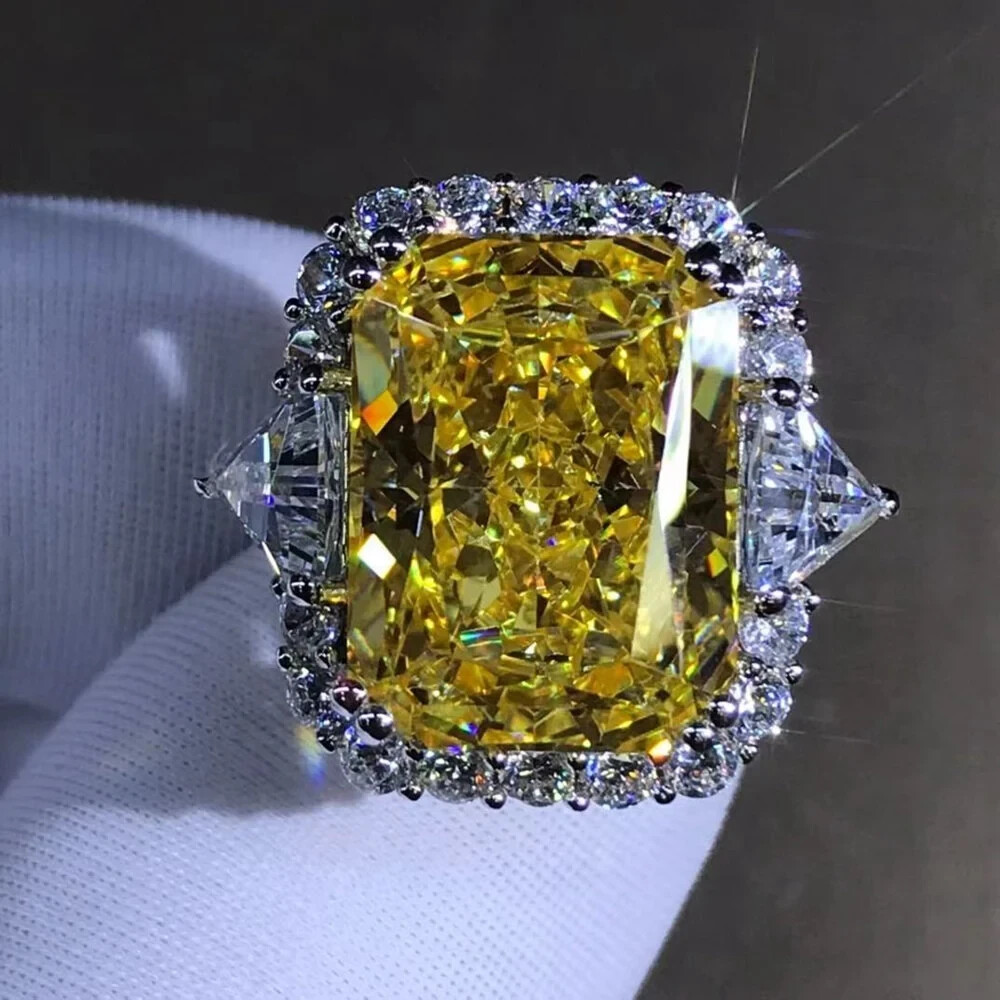 10 Carat Radiant cut Moissanite Rare Vivid Yellow VVS Halo 18K Yellow Gold Ring