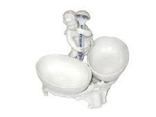 Antique Vtg Figural KPM Double Salt Cellar Dish Cherub W/ Spoon White China
