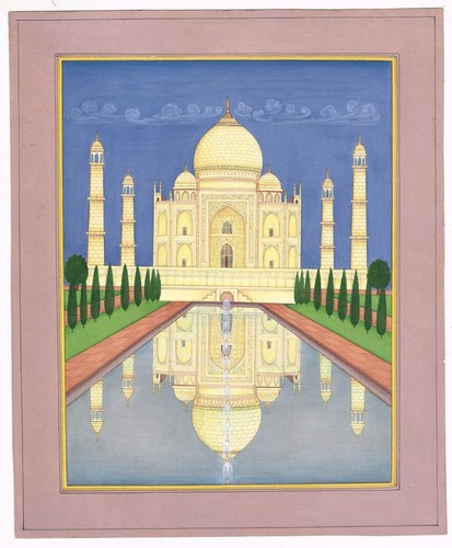 Mogul Miniatur Gemälde von Taj Mahal feinste Kunst auf Papier 8,25x10 cm - Bild 1 von 7