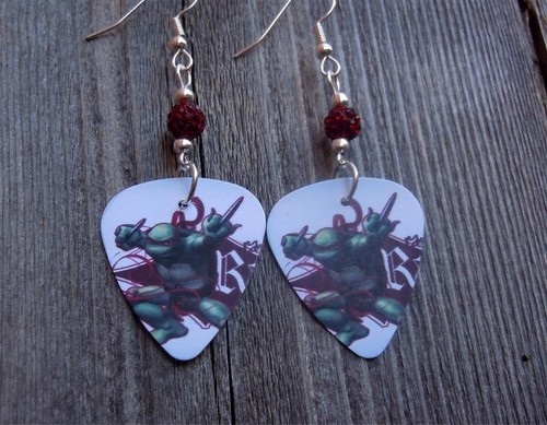 Raphael Teenage Mutant Ninja Turtles Guitar Pick Earrings with Red Pave Beads - Picture 3 of 4