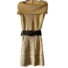 Pink Rose Calbleknit Cowl Neck Belted Beige Dress Large Y2K Flaws On Belt