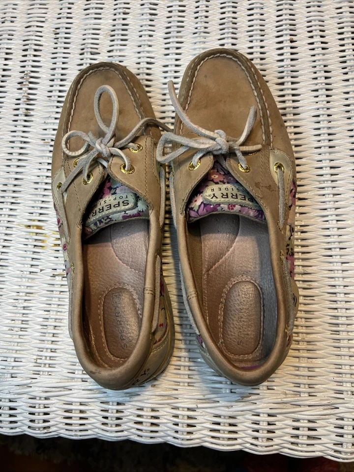 Zapatos de barco SPERRY Top Sider beige con ribete floral pastel para mujer talla 8M usados en excelente estado Foto 2 de 4