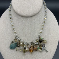 Glass Beaded Charm Bib Statement Necklace Clear Gold Tone Gemstone Cross Cluster