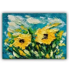 ACEO Original Painting Sunflowers Abstraction Impasto Small 2.5x3,5 inches