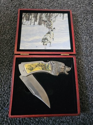 Franklin Mint The Timber Wolf Collector Pocket Knife- Japan Stainless Wolf Head