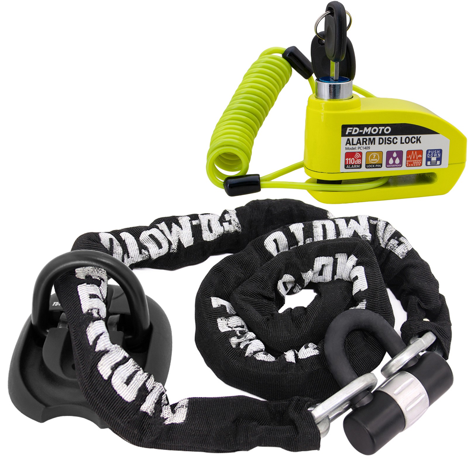 FD-MOTO Green CE Alarm Lock & Motorbike 1.8M*10mm Chain Lock & Ground Anchor Set