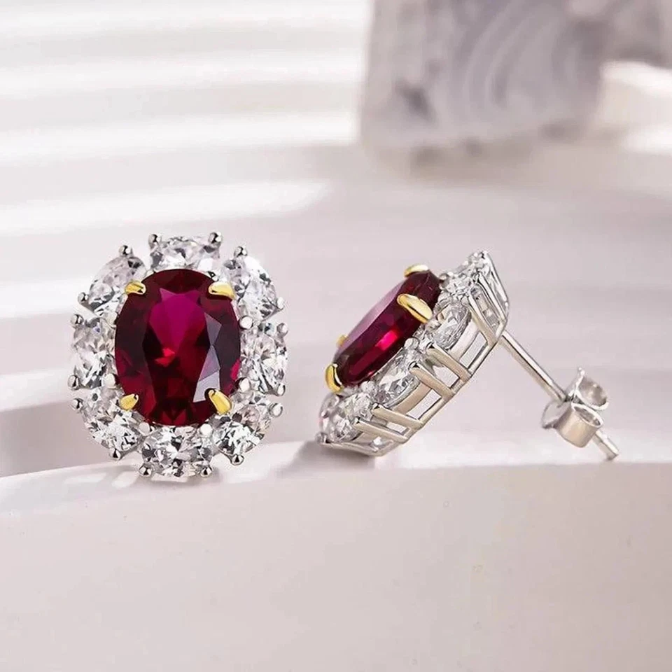 14K White Gold Oval Cut 5.00 Ct Natural Red Ruby & Diamond Lovely Earrings - Image 2 of 4
