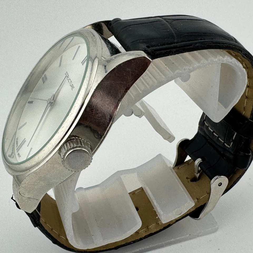 Reloj Cuarzo Estructura Vintage Hombre Plata Imitación Cuero Analógico 43mm Batería Nueva Foto 4 de 4