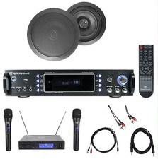 1000w Karaoke Bluetooth Amp/Mixer  2 Black Ceiling Speakers Wireless Mics